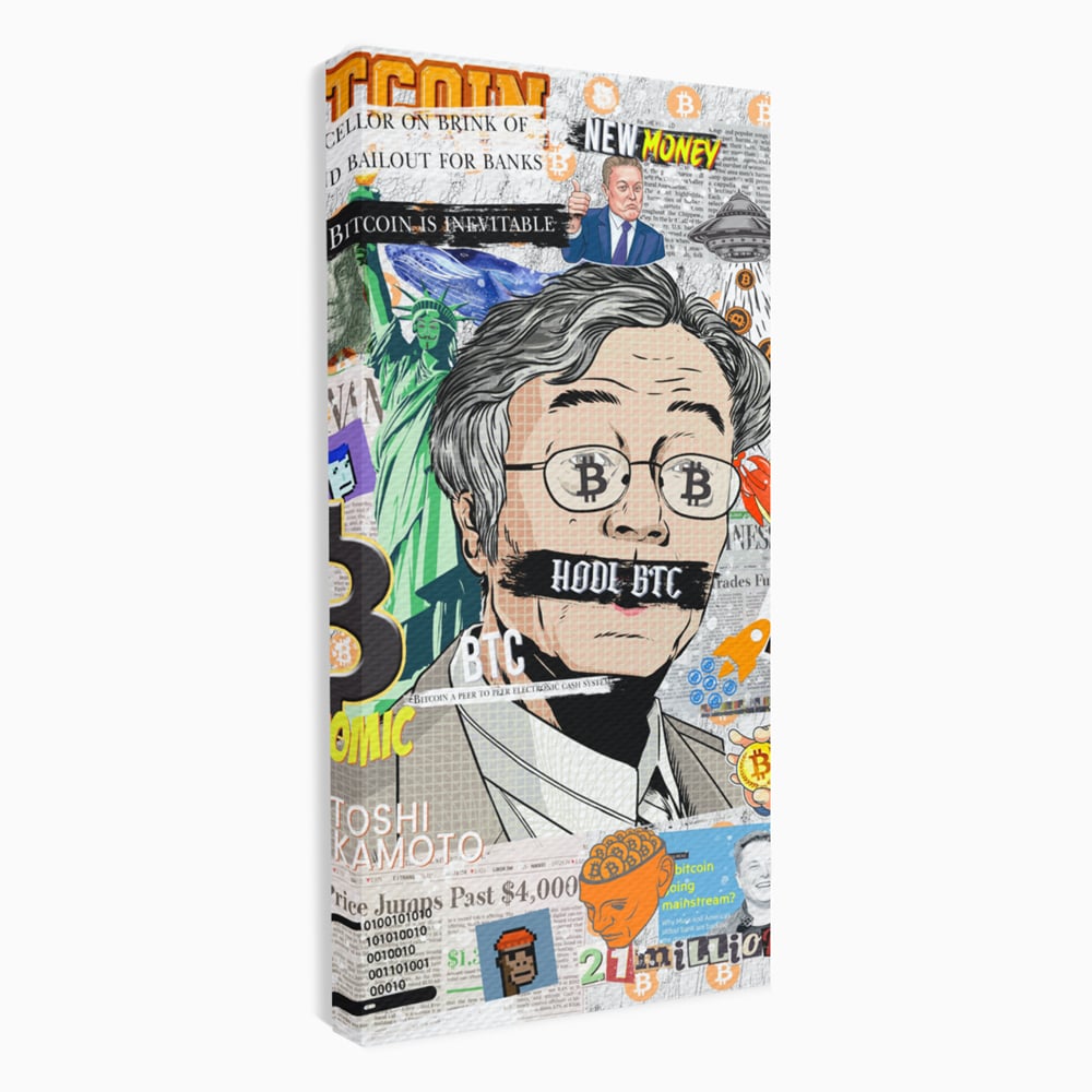 Tablou canvas cu tablou canvas cu portret stilizat bitcoin si satoshi, fara rama, pe sasiu de lemn
